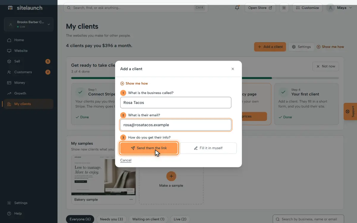 Step 5: Press Send them the link. They fill in a short form about their business.