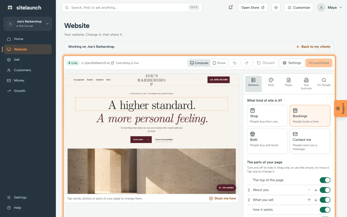 Step 4: Joe's site opens. Change it just like your own. The bar on top takes you back.