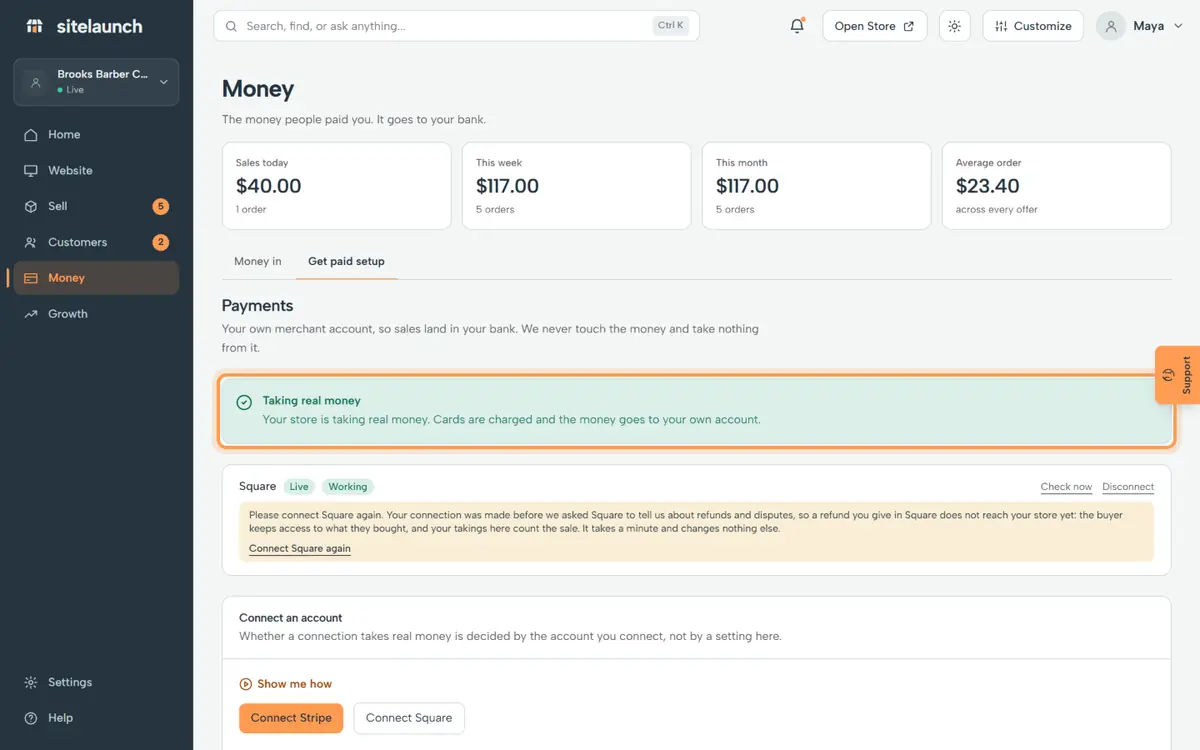 Step 4: Back here, it says Taking real money. People can pay you now.