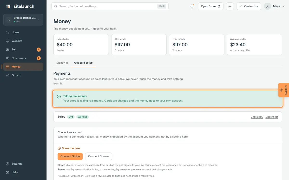 Step 4: Back here, it says Taking real money. People can pay you now.