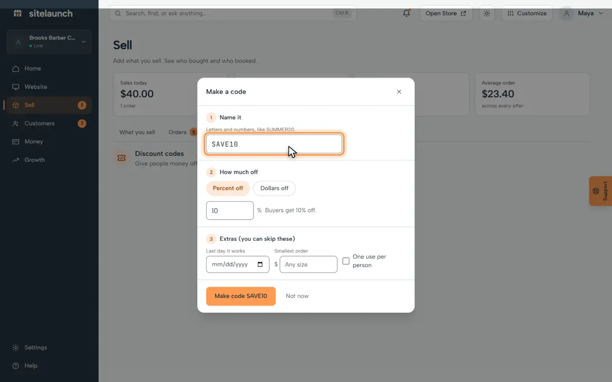 Step 4: Type a name for it, like WELCOME10.