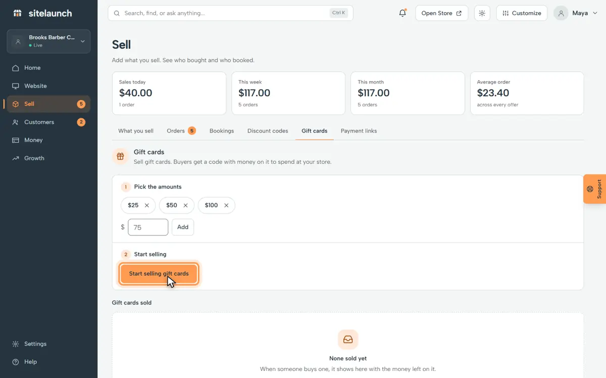 Step 4: Press Start selling gift cards.