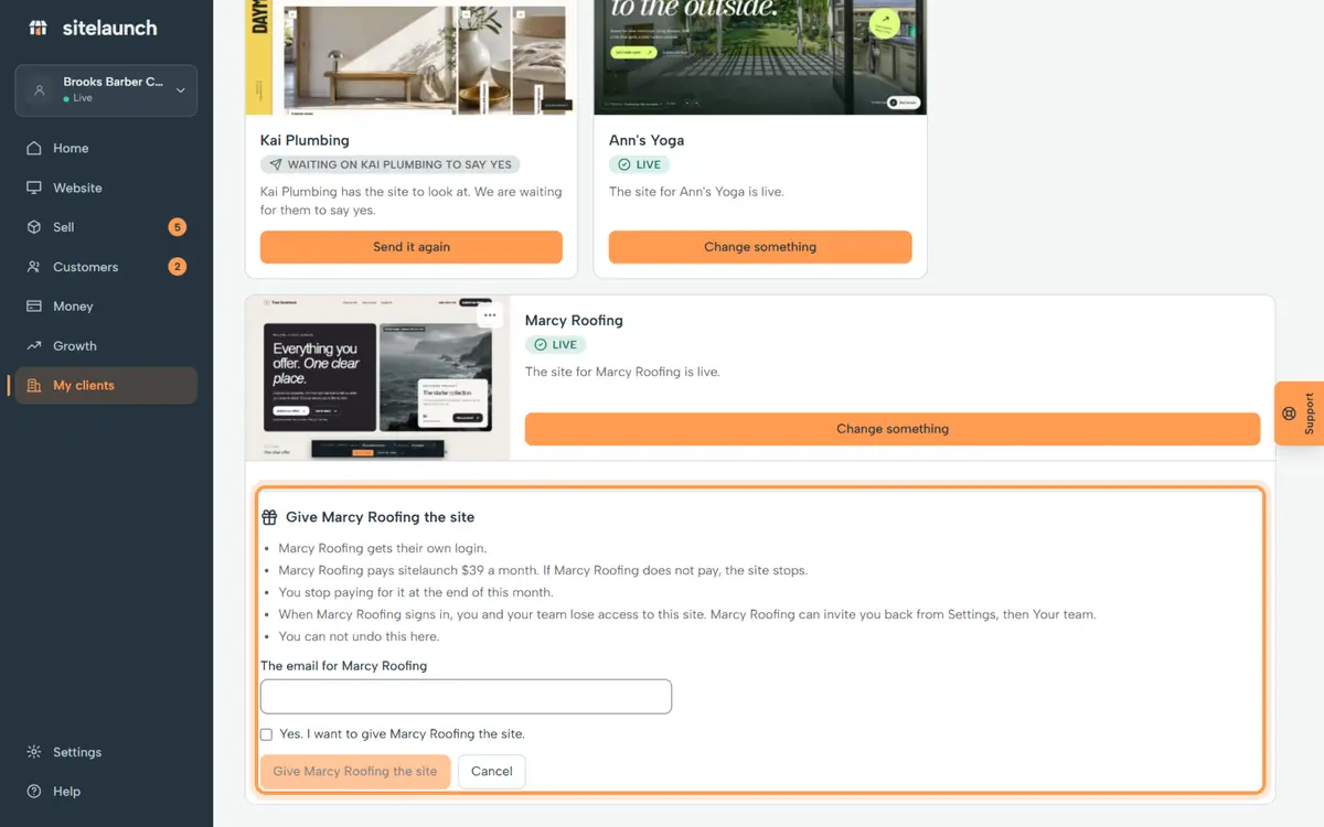Step 4: Type their email, tick the box, and press the button. They get their site.
