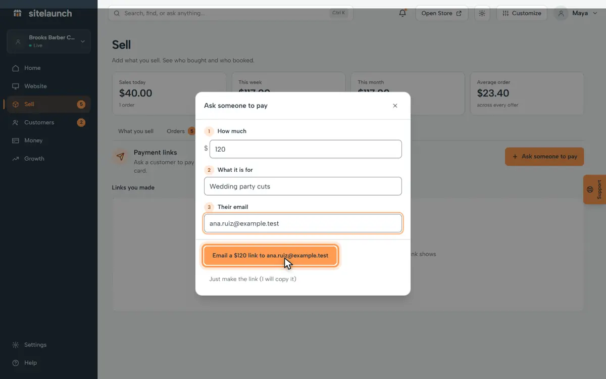 Step 7: Press the button to email the link. They pay, and it goes to your bank.