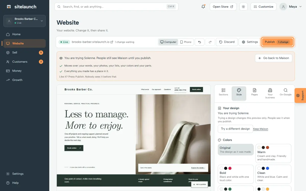 Step 5: Nothing changes for visitors until you press Publish.