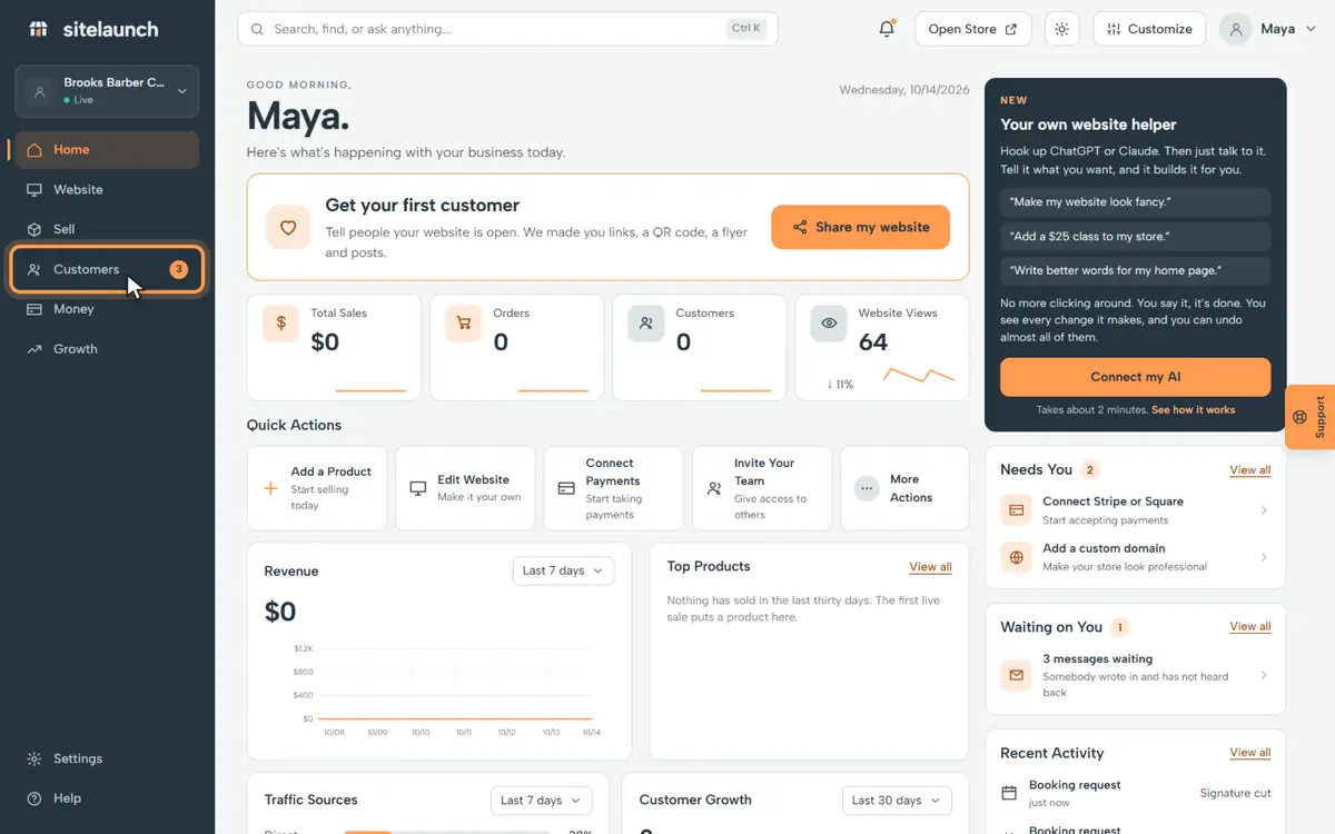 Step 2: They leave their name and email. No money moves. Press Customers to see it.