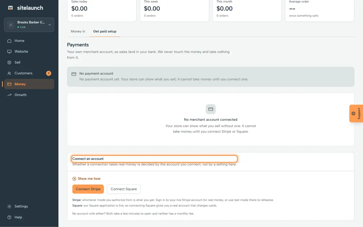Step 1: To take money, you link one account: Stripe or Square. You only need one.