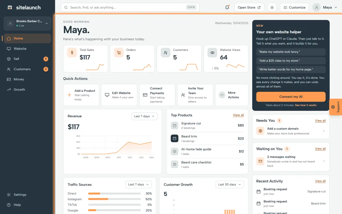 Step 1: This is Home. It shows what is new today: orders, bookings and messages.